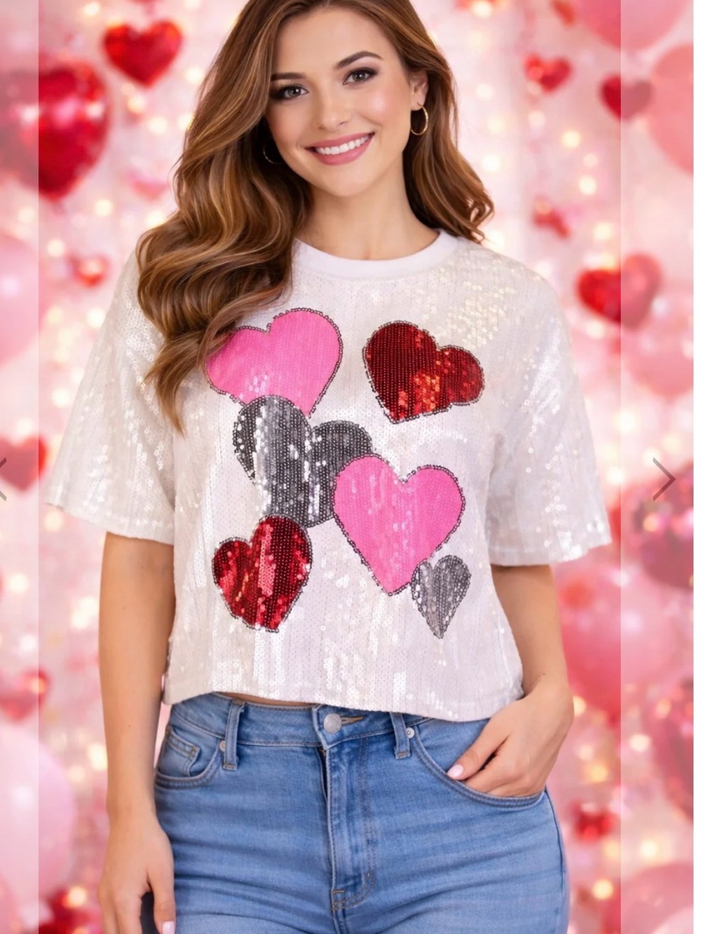 Simply Southern Sequin Heart Crop Tee - Pink & Red Hearts